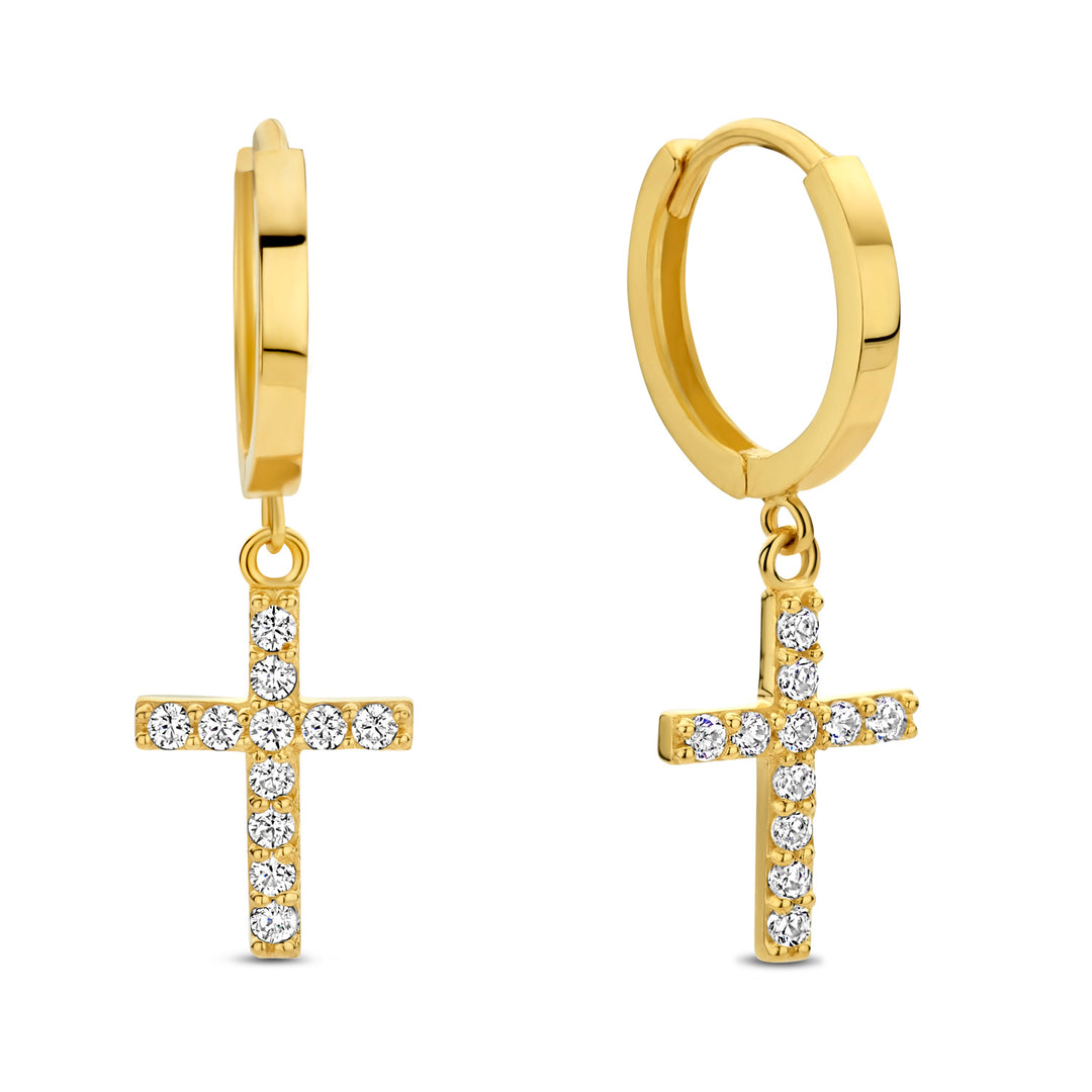 Klappcreolen Kreuz mit 22 Zirkonia aus Gold 585