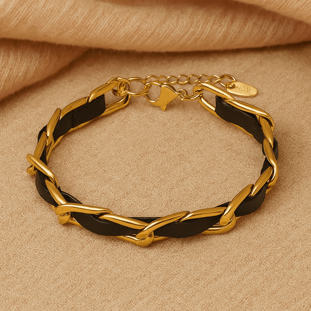 vergoldetes Edelstahlarmband mit Leder-Details