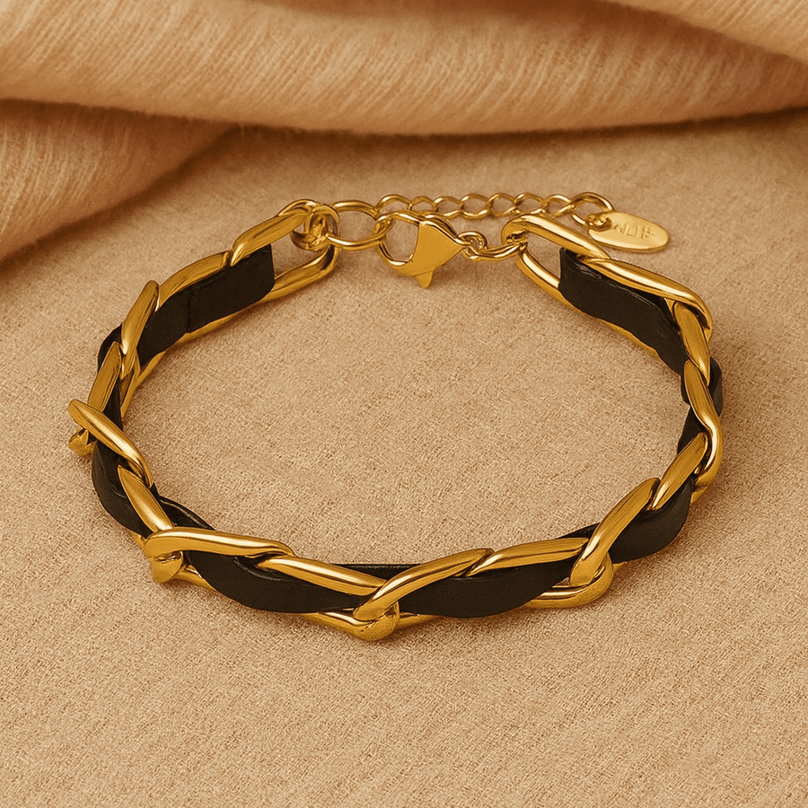 vergoldetes Edelstahlarmband mit Leder-Details