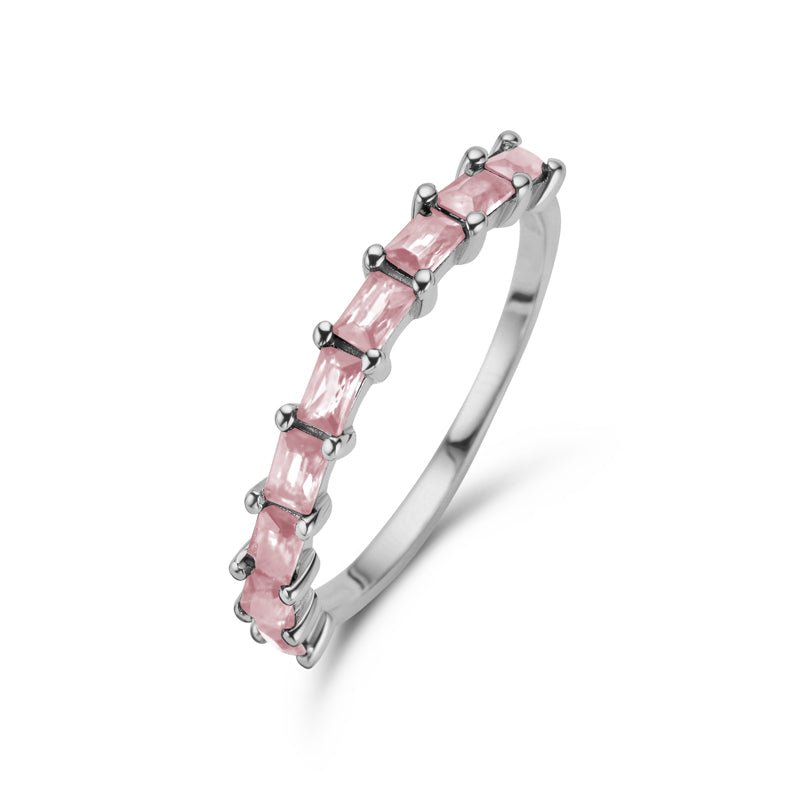 Damenring 9 Zirkonia pink mit Baguetteschliff in Silber