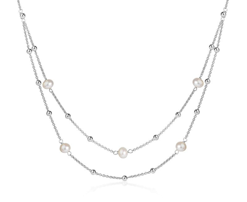 Collier 2-rhg. in Layer-Optik mit 5 SW-Zuchtperlen aus Silber