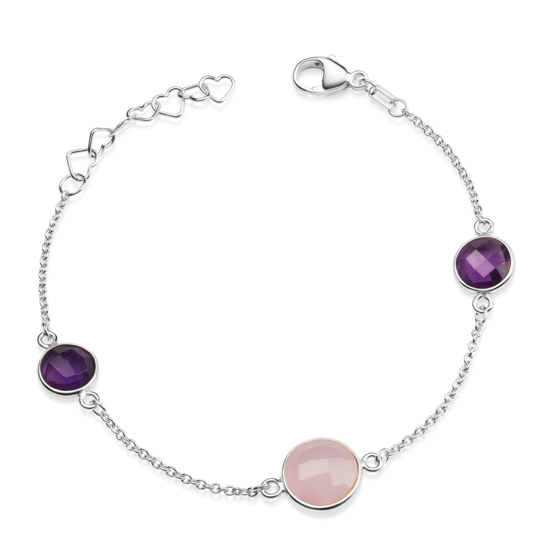 Armband mit 1 Rosenquarz und 2 lila Quarze aus Silber