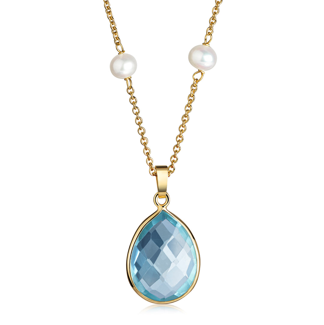 Collier mit Quarz Swiss Blue & SW-Zuchtperle aus Silber 3 Milliemes vergoldet