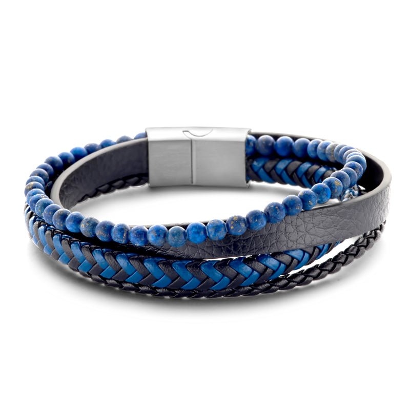 Armband Echtleder schwarz/blau 4-rhg. mit Lapis Edelstahl