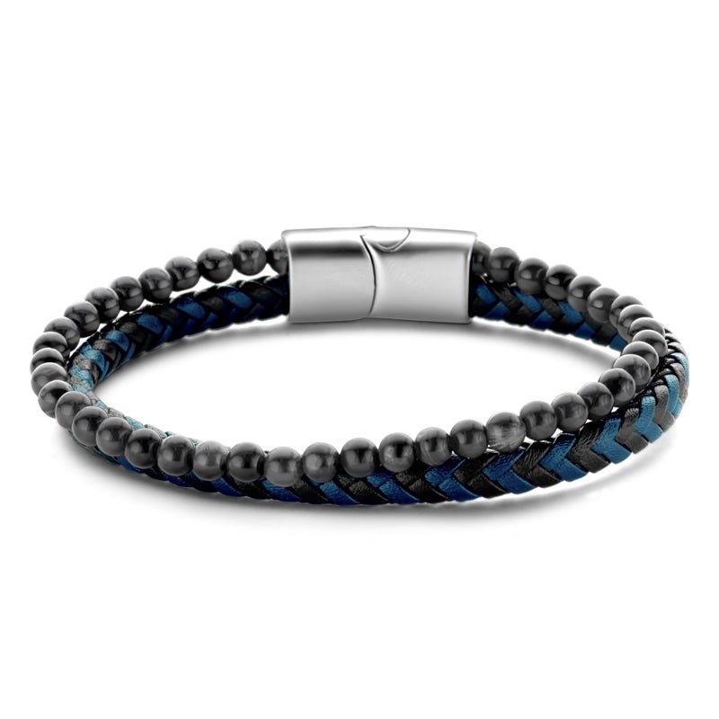 Armband Echtleder schwarz/blau 2-rhg. mit schwarzen Achat