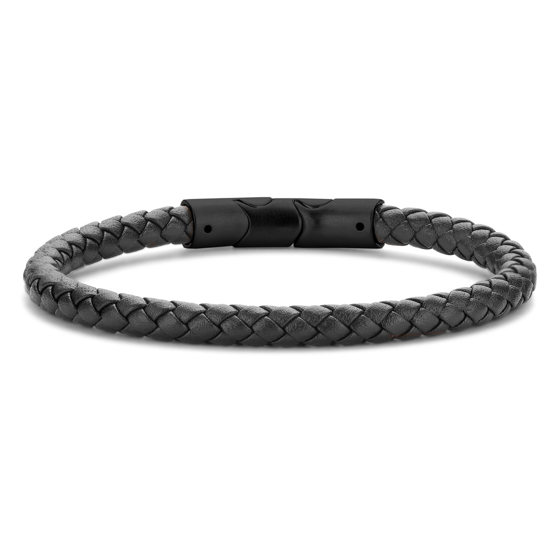 Armband Echt Leder schwarz 6mm breit aus Edelstahl IPB